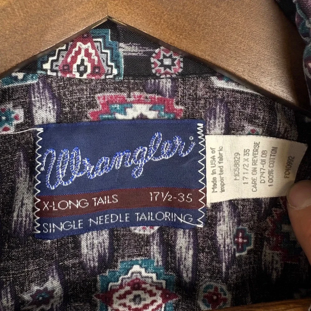 Wrangler Button Up Shirt Mens 17.5 Purple Southwestern Ikat Short Sleeve Cotton